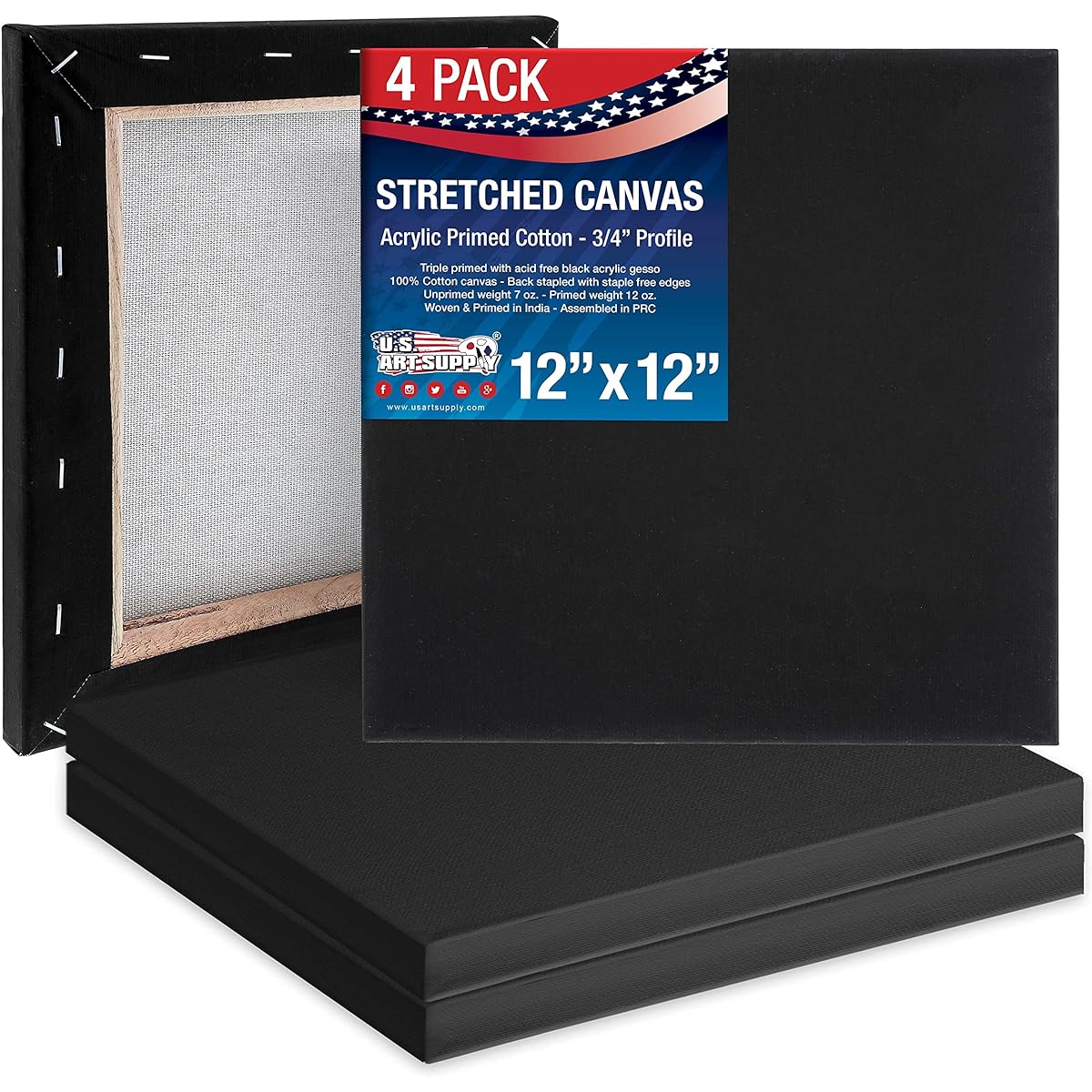 US Art Supply 12" x 12" Black Professional Quality Acid Free Stretched Canvas 4 Pack - 3/4 Profile 12oz Primed Gesso - (1 Full Case of 4 Single Canvases)