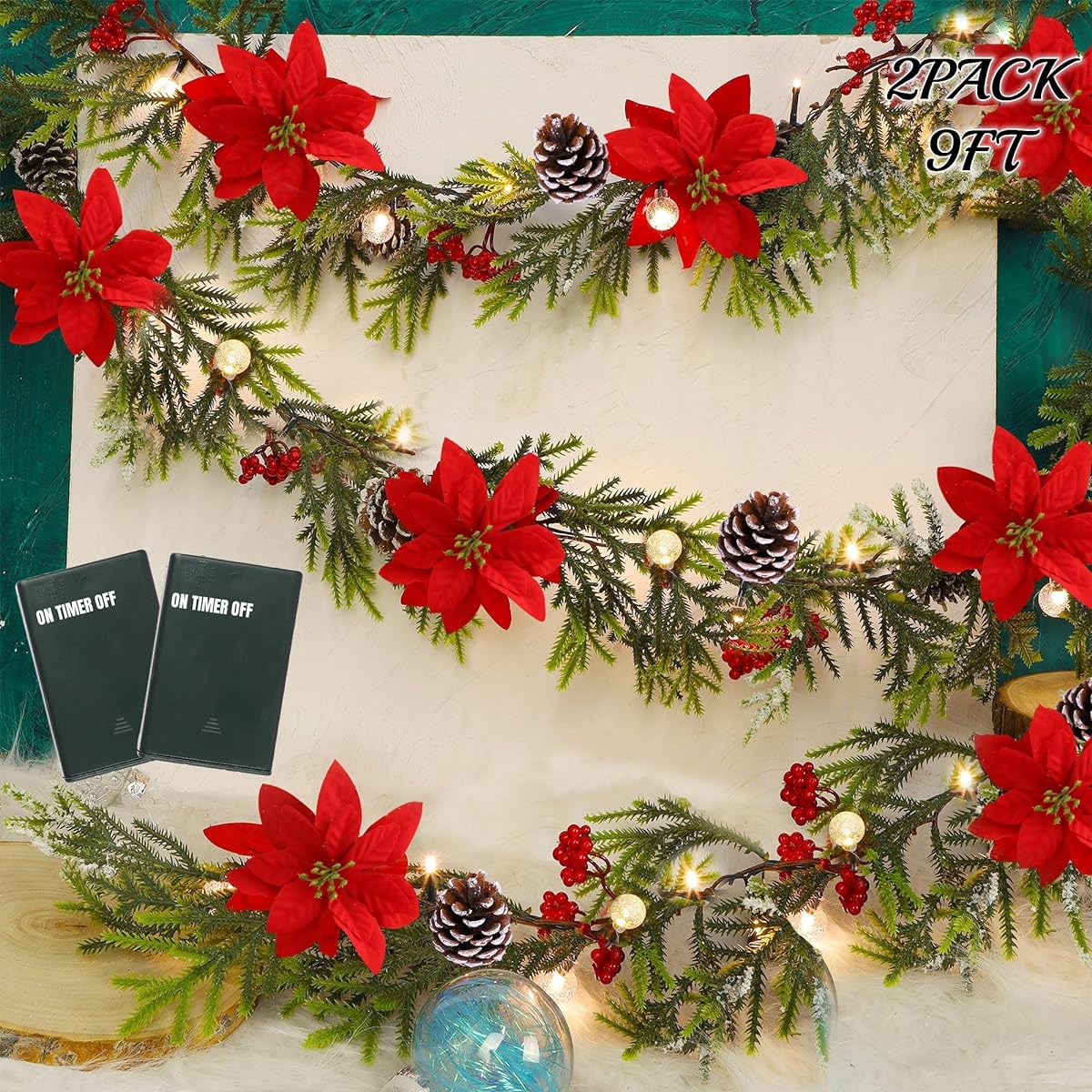 Juegoal Christmas Garland 2 Pack 9FT Pre-Lighted Christmas Flocked Garland with Lights Poinsettia Spruce Timer Battery Operated Lights for Garden Home Winter New Year Decoration Jean Red (YO-TTSZ-2)