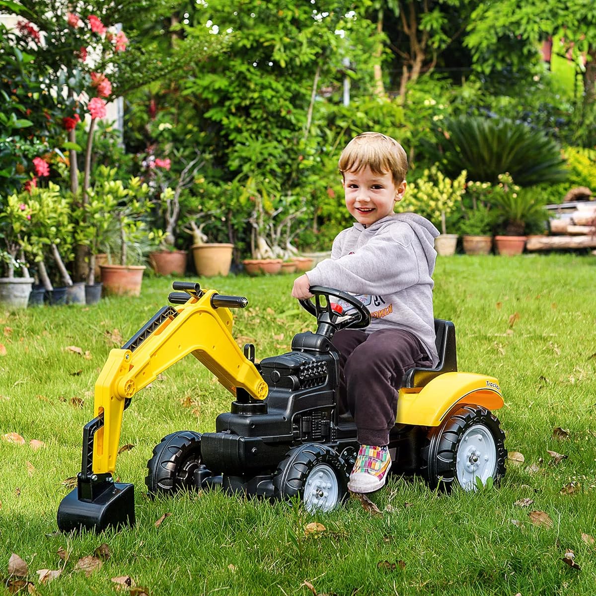 Aosom Kids Ride-On Construction Pedal Shovel/Excavator Toy with Horn, Ages 3+, Yellow