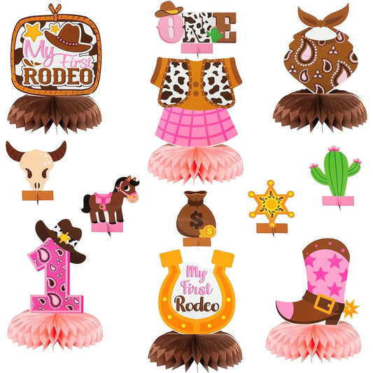 ANGOLIO 12 Pieces My First Rodeo Cowgirl Decorations Cowgirl Theme Honeycomb Table Decorations Pink Cow Paper Honeycomb Centerpieces Western Theme Party Pink Little Cowgirl Party Table Decorations