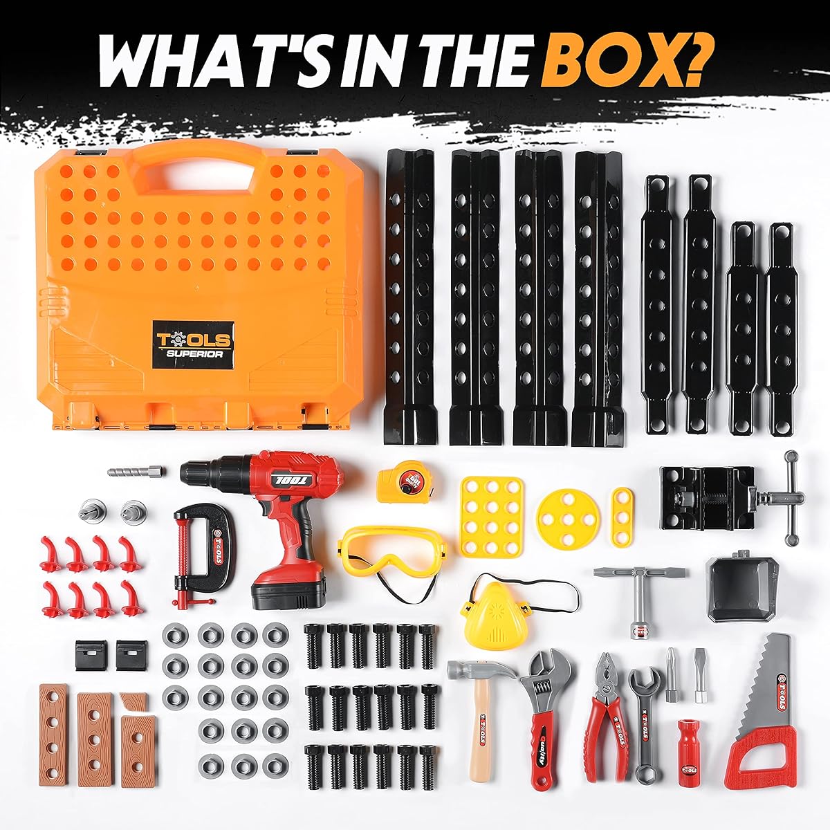 Toy Choi 100 Piece Kids Power Workbench with Realistic Tools and Electric Drill, Kids Stem Building Construction Tool Set T101