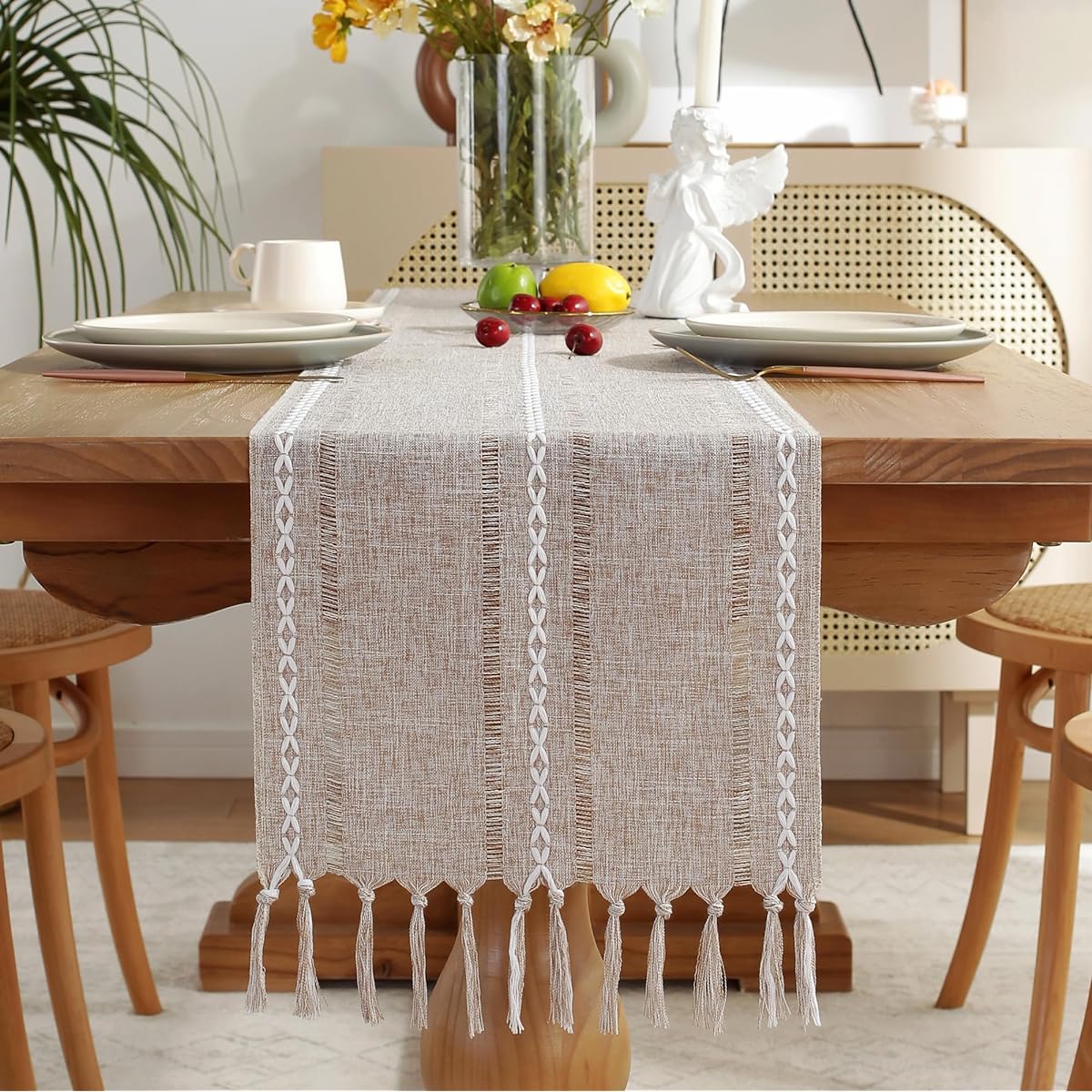 JIALE Table Runner Rustic Farmhouse Table Runner with Tassels Boho Cotton Linen Table Runner Table Decoration for Holiday Party Wedding 72 Inch Khaki