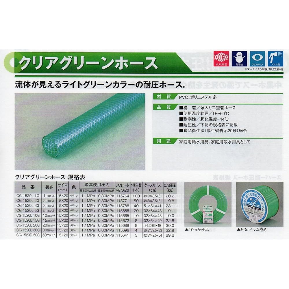 Clear green water hose pressure resistant type (50m roll) KHC13