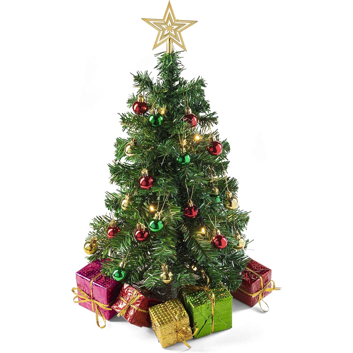 Prextex 23" DIY Tabletop Mini Christmas Tree with Warm White LED Lights, Star Tree, Decorative Gift Box and Hanging Ornaments for DIY Christmas Decorations
