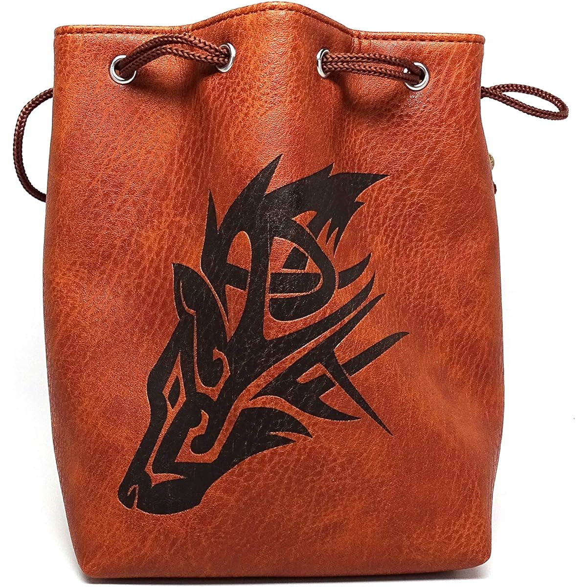 Brown Leather Lite Large Dice Bag Wolf Design - Brown Faux Leather Exterior Lined Interior - Stands up on its Own Holds 400 16mm Polyhedral Dice