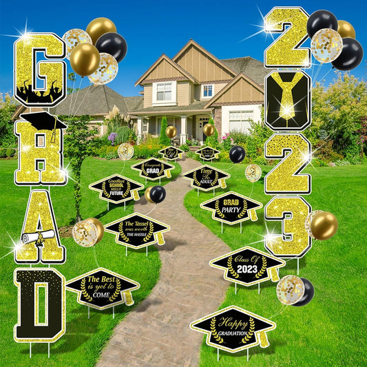 2023 Graduation Yard Sign Decorations, 18pcs Congratulations Graduation Balloons Waterproof College Graduation Decor Outdoor Yard Lawn Graduation Party Decorations (Black Gold)