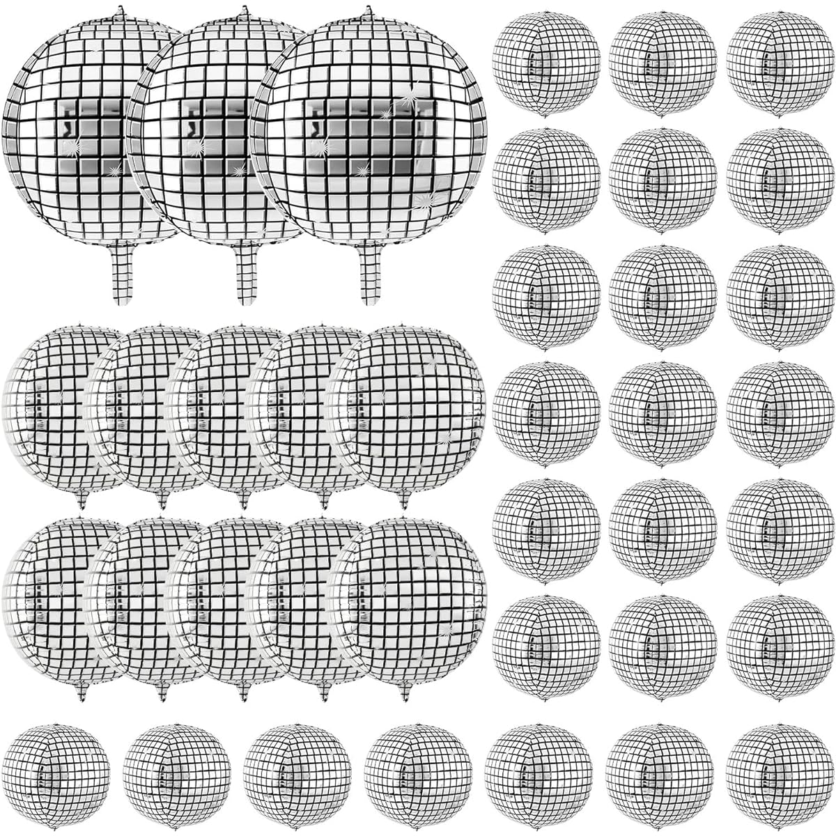 48pcs Disco Balloons 32inch 22inch 10inch 4D Laser Foil Metallic Mirror Party Balloons Disco Party Decorations Silver Disco Ball Decor for 70s Disco Theme Birthday Party Dance Wedding