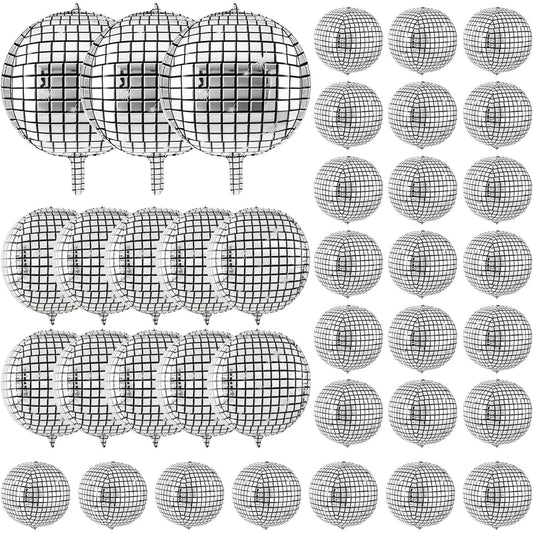 48pcs Disco Balloons 32inch 22inch 10inch 4D Laser Foil Metallic Mirror Party Balloons Disco Party Decorations Silver Disco Ball Decor for 70s Disco Theme Birthday Party Dance Wedding