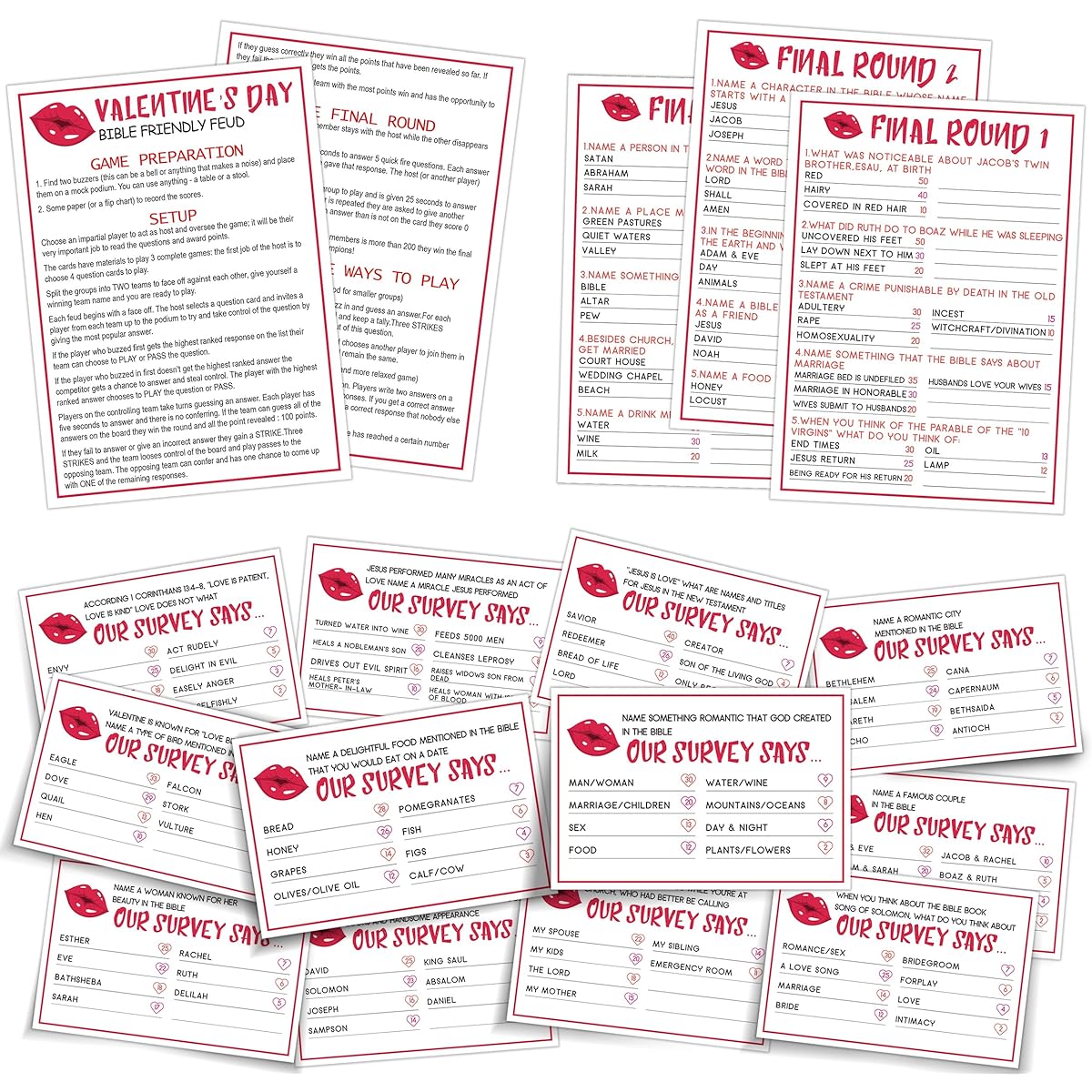 Valentine's Day Bible Feud - Hilarious Party Game of Guessing the Best Answer Bible Friendly Feud Valentine's Day Party Game Family Game Night Bible Games for Adults and Families 15 Trivia Cards