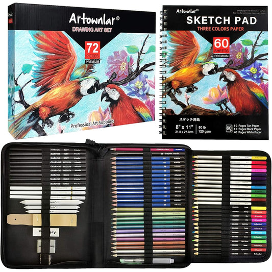 Artownlar 72 Pack Drawing Sketching Set with 8x11 Inch Sketchbook | Pro Art Supplies Kit for Artists Adults Teens Beginners | Graphite Charcoal Watercolor & Metallic Colored Pencils with Gift Case