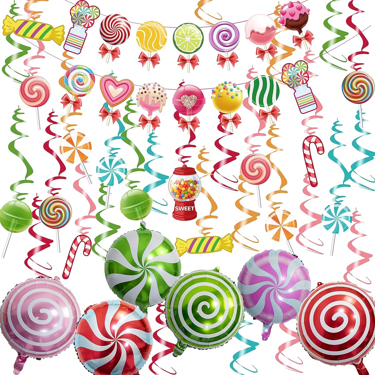 Candyland Party Decorations Set Candy Theme Party Hanging Swirl Lollipop Foil Balloons Sweet Lollipop Banner for Girls Kids Birthday Party Supplies Baby Shower Home Classroom Sweet Shop Decor