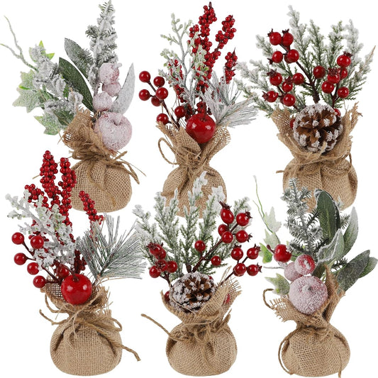 winemana Mini Christmas Tree Table Decoration 6 Pieces 9 Inch Small Artificial Tree Red Berries Pinecones Tabletop Centerpiece Home Office Room Holiday Decorations