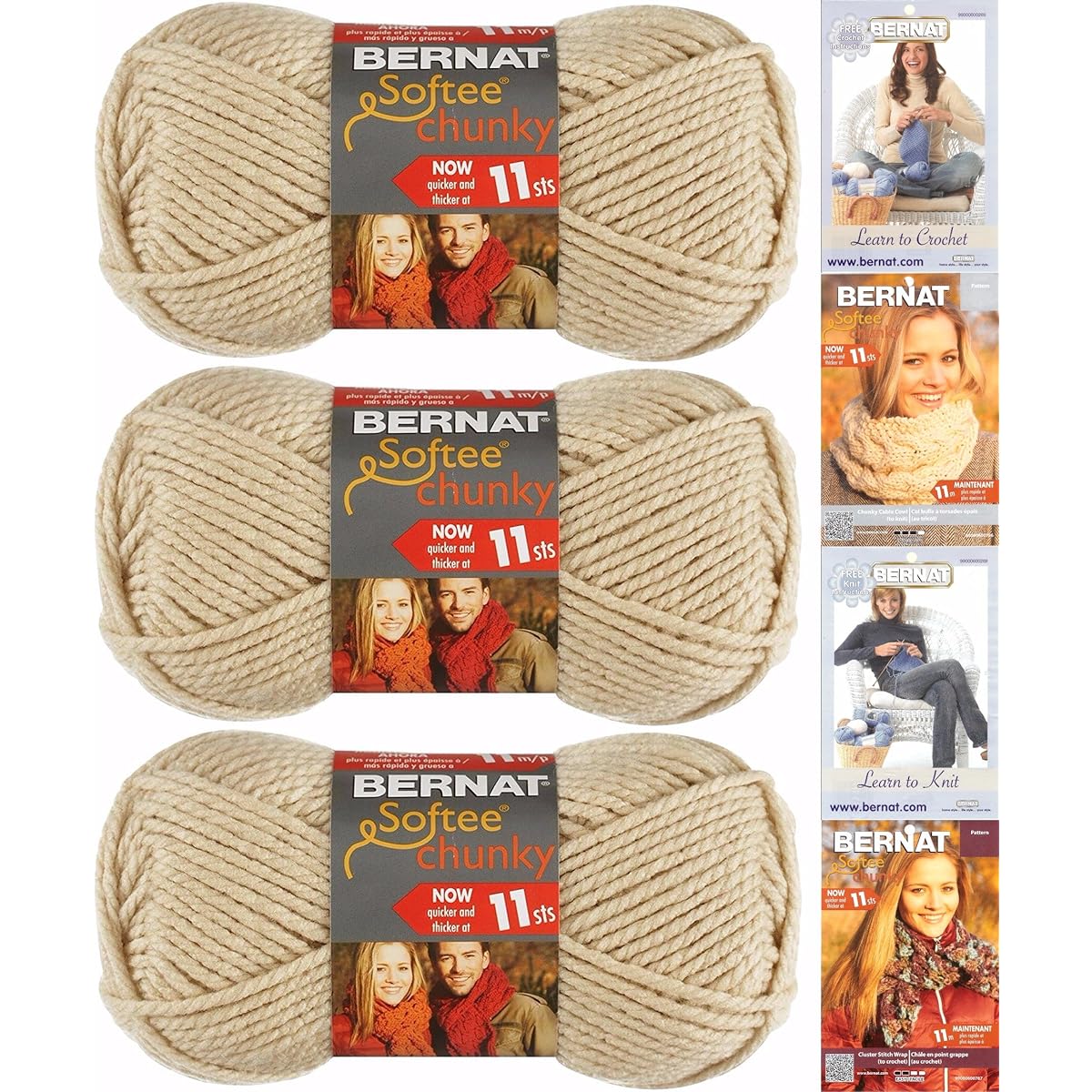 Bernat Softee Chunky Yarn Bundle Super Bulky #6 3 Skeins Linen 28021