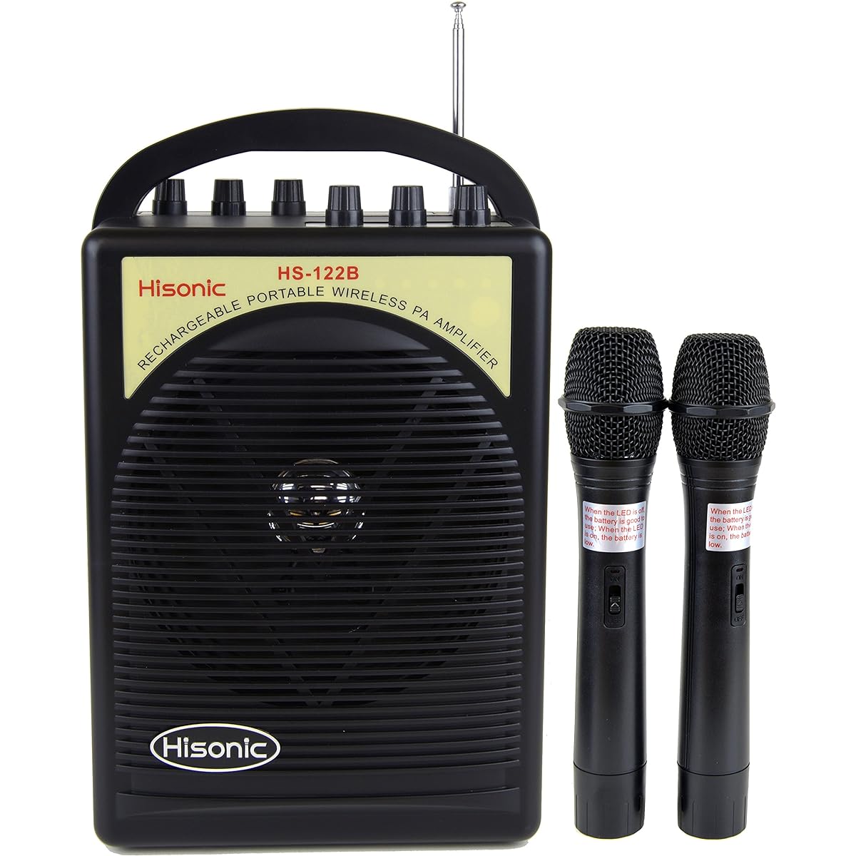 Hisonic HS122B-HH Dual Channel 40 Watt Lithium Battery Rechargeable Portable PA System, 2 Handheld Mics, Black