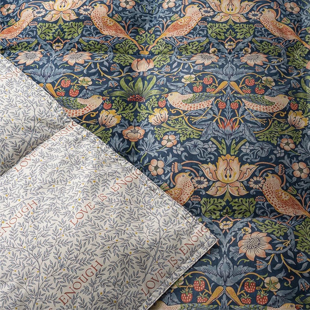 Nishikawa Down Coat, Feather Comforter, Single Washable, White Duck Down 70% Morris Gallery Strawberry Thief Made in Japan Navy KE03151602