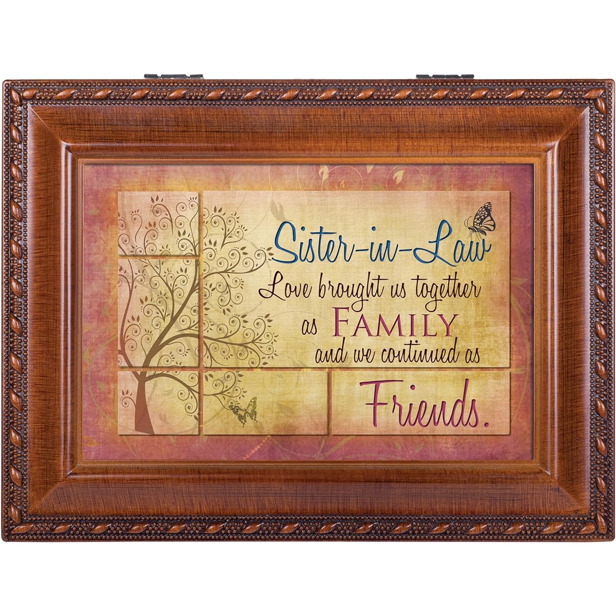 In-Law Cottage Garden Jewelry Music Box with Rich Woodgrain Finish and Rope Trim - Plays Song That's What Friends Are For