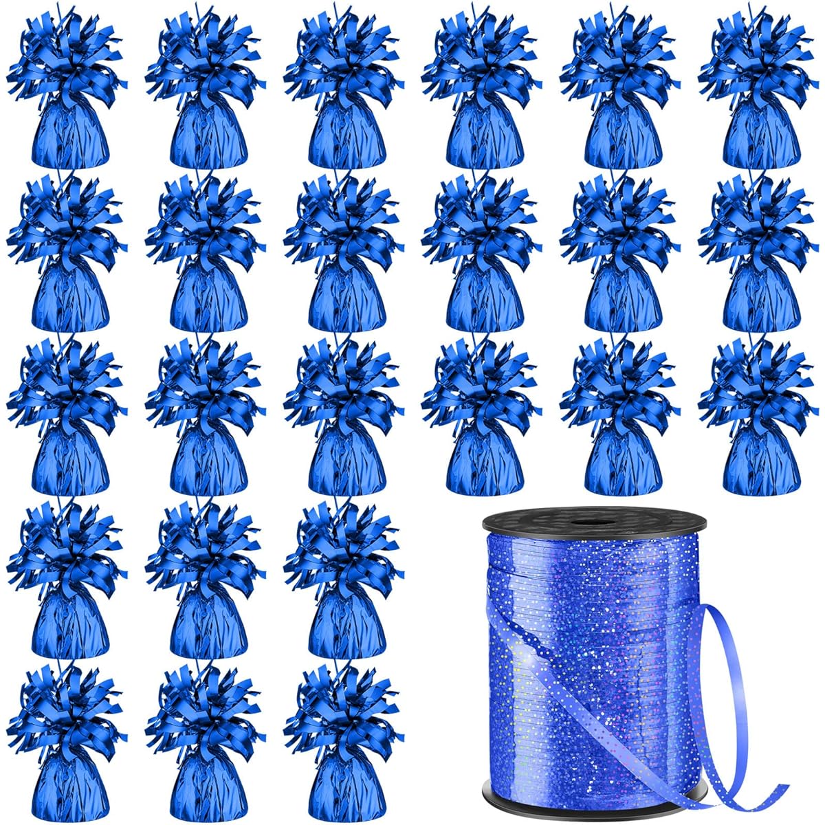 Balloon Weights 24 Pieces Metallic Anchor Balloon Holder Heavy Table Weights 1 Roll Ribbon Iridescent Crimp Ribbon for Table Party Birthday Decoration (Blue)