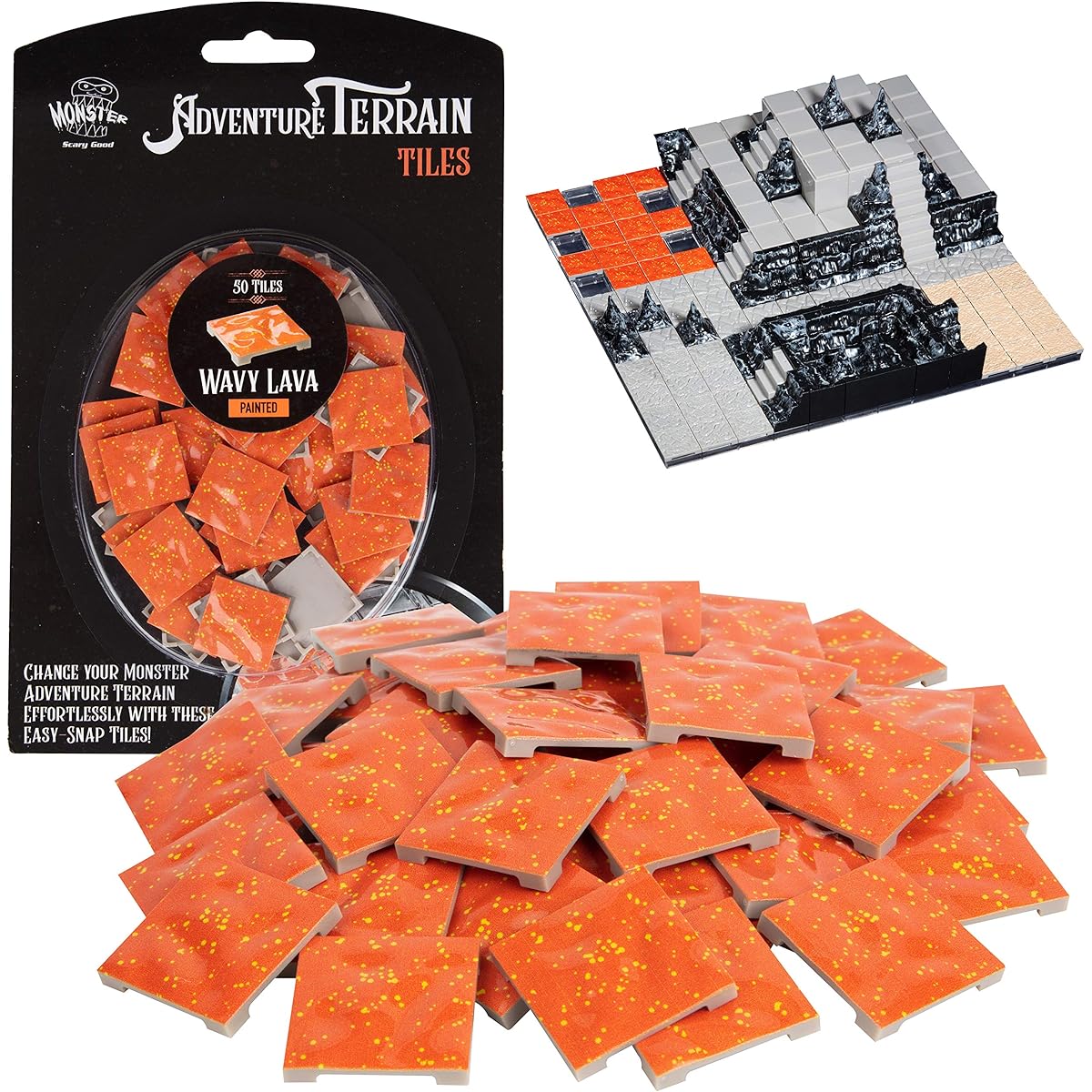 Monster Adventure Terrain - 50 Wavy Lava Tiles Expansion Pack - Hand-Painted 1x1 Inch Tile Set - Easily Snap to Create Amazing Tabletop Terrain in Minutes - Customize D&D and Pathfinder Dungeons