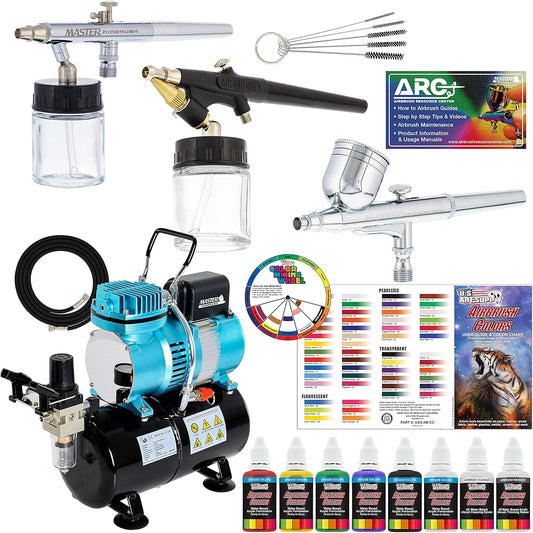 ster Airbrushes, U.S. Art Supply Airbrush Paint Kit with 6 Primary Colors, Color Mixing Wheel, Color Guide - Airbrush Models: G22 Gravity Feed, S68 Siphon Feed, E91 Siphon Feed and the TC-40 Cool Runner Professional Airbrush Compressor by Master Airbrush