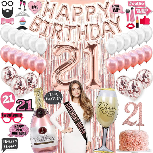 21st Birthday Decorations for Her (75 Pack) Rose Gold Party Banner, Birthday Balloons, Foil Backdrop, Cake Topper, Photo Props, Sash, 21st Birthday Decorations for Women, 21st Birthday Gifts