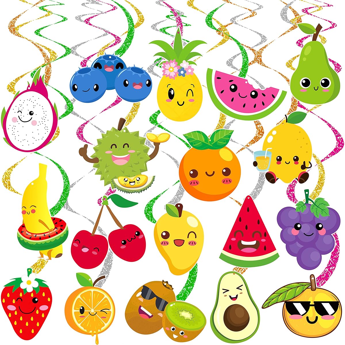 Tutti Fruit Party Decorations, 20pcs Summer Fruit Party Hanging Swirls Tropical Fruit Party Foil Ceiling Decorations Watermelon Strawberry Orange Theme Party Supplies