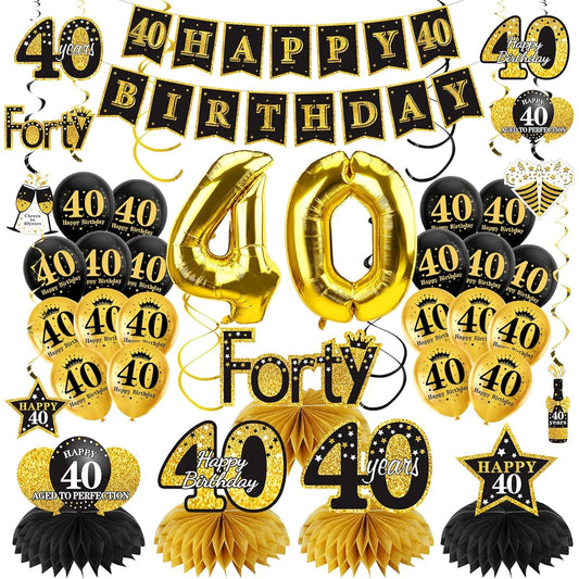 40th Birthday Decoration Kit 36 Pieces Black Gold Happy 40 Birthday Banner Balloon Honeycomb Centerpiece Hanging Swirl Kit Party Supplies 40th Birthday Banner Balloon Ceiling Table Topper Sign Party Decoration