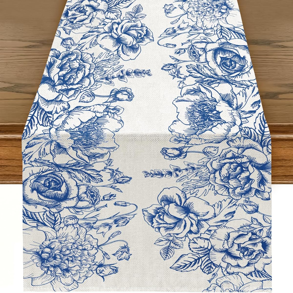RUSPEPA Table Runner Blue Flower Linen Table Runner for Spring Kitchen Dining Decor Party Table - 13 x 72 Inch - Blue Flower, TR1372-SP-HDBE