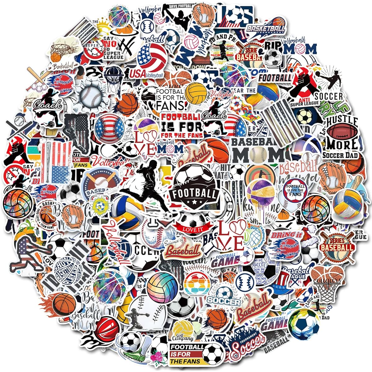 200pcs Sports Stickers Pack, Waterproof Sports Water Bottle Stickers, Assorted Ball Sports Stickers for Kids Boys Teens, Soccer, Football, Baseball, Basketball, Volleyball