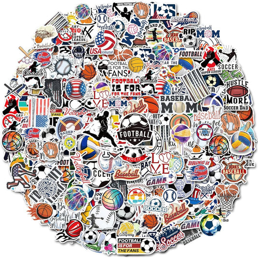 200pcs Sports Stickers Pack, Waterproof Sports Water Bottle Stickers, Assorted Ball Sports Stickers for Kids Boys Teens, Soccer, Football, Baseball, Basketball, Volleyball