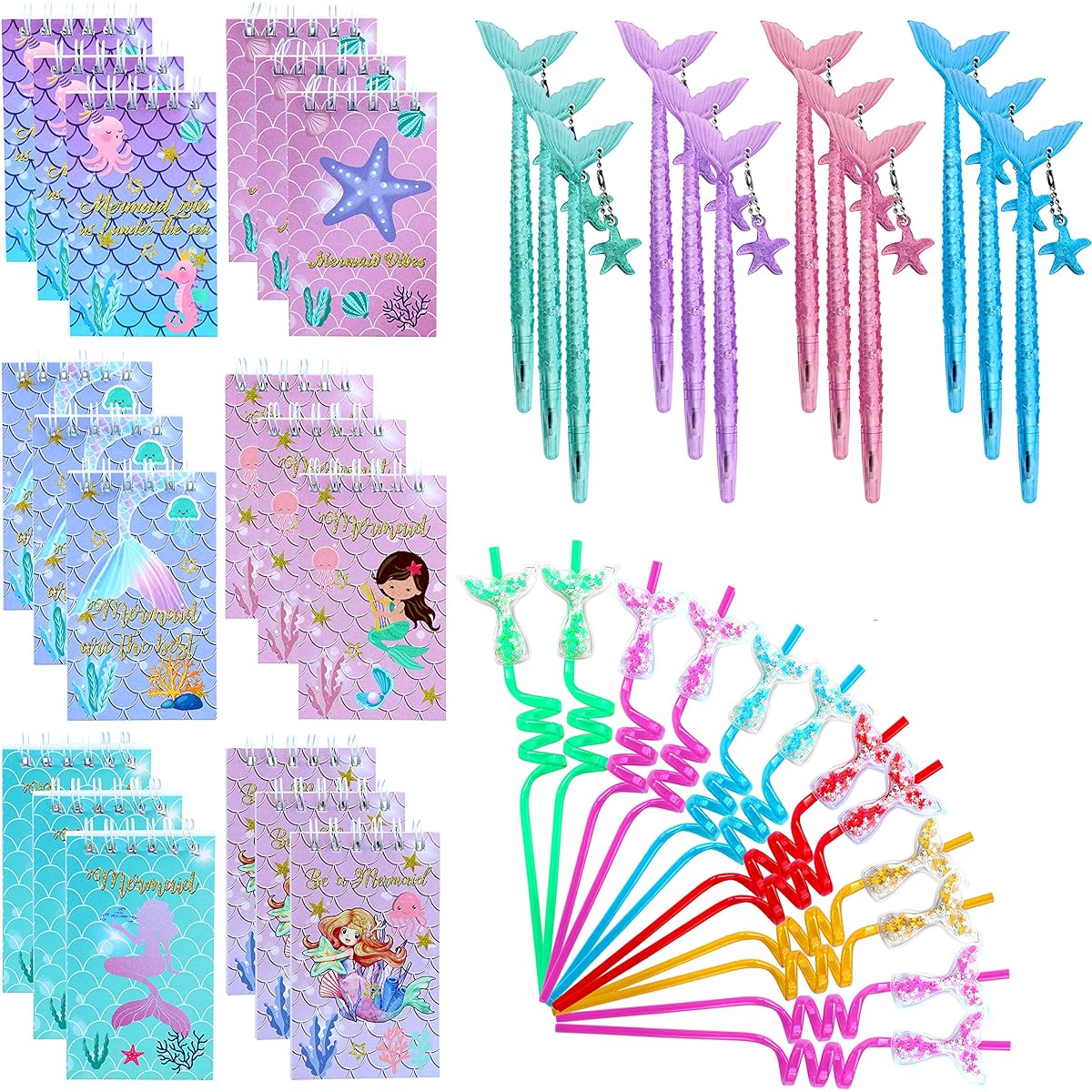 Empire Party Supply Mermaid Party Favors Set of 12 Mini Notebook Pens Cute Straws Girls Birthday Supplies Ocean Themed Party Gifts Classroom Treats