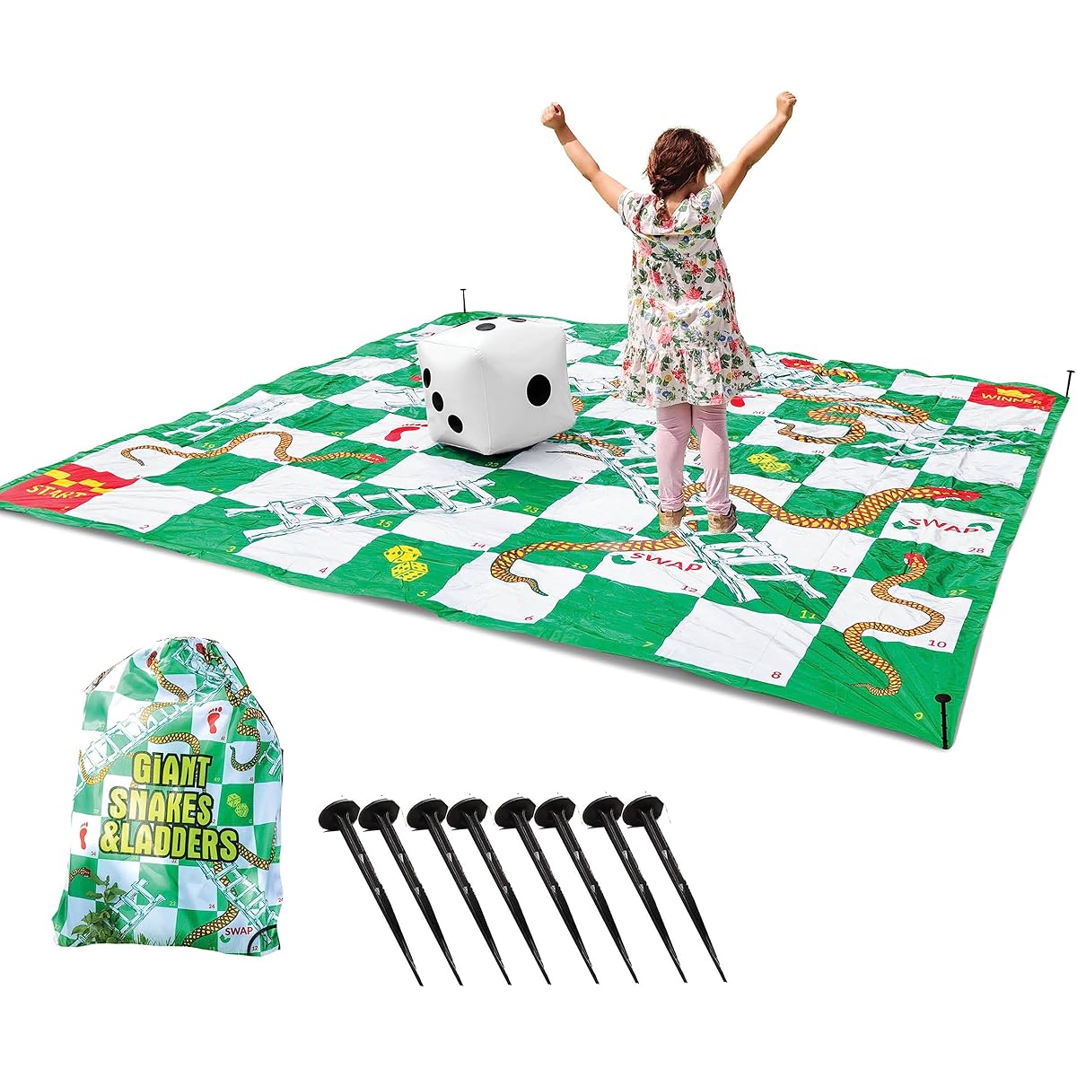 Upper Midland Products Giant Snakes & Ladders Game 9.8 x ft Life Size Play Mat with 8 Ground Pegs, 15" Large Dice, Storage Carry Bag, Yard Game for the Whole Family