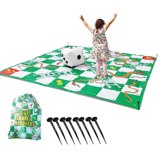 Upper Midland Products Giant Snakes & Ladders Game 9.8 x ft Life Size Play Mat with 8 Ground Pegs, 15" Large Dice, Storage Carry Bag, Yard Game for the Whole Family