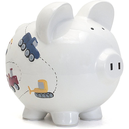 (White) - Child to Cherish Ceramic Piggy Bank, Construction Trucks, White