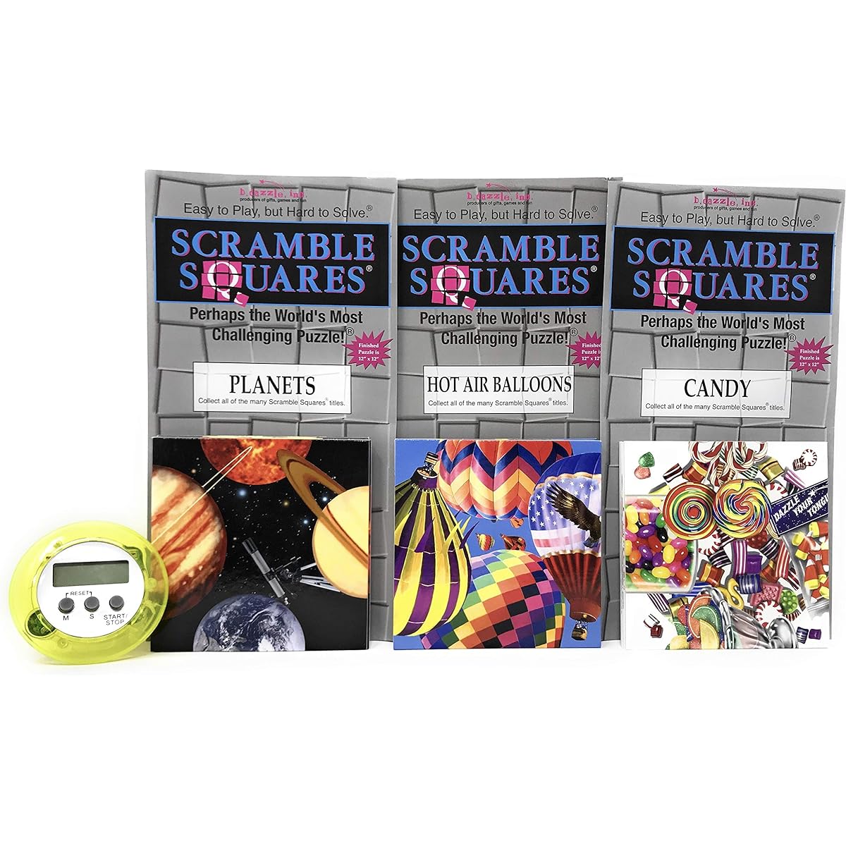 Scramble Square Set B. Dazzle Puzzle for Seniors/Adults/Teens/Kids - Includes 3 Puzzles - Hot Air Balloons/Planets/Candy with Bonus Digital Timer