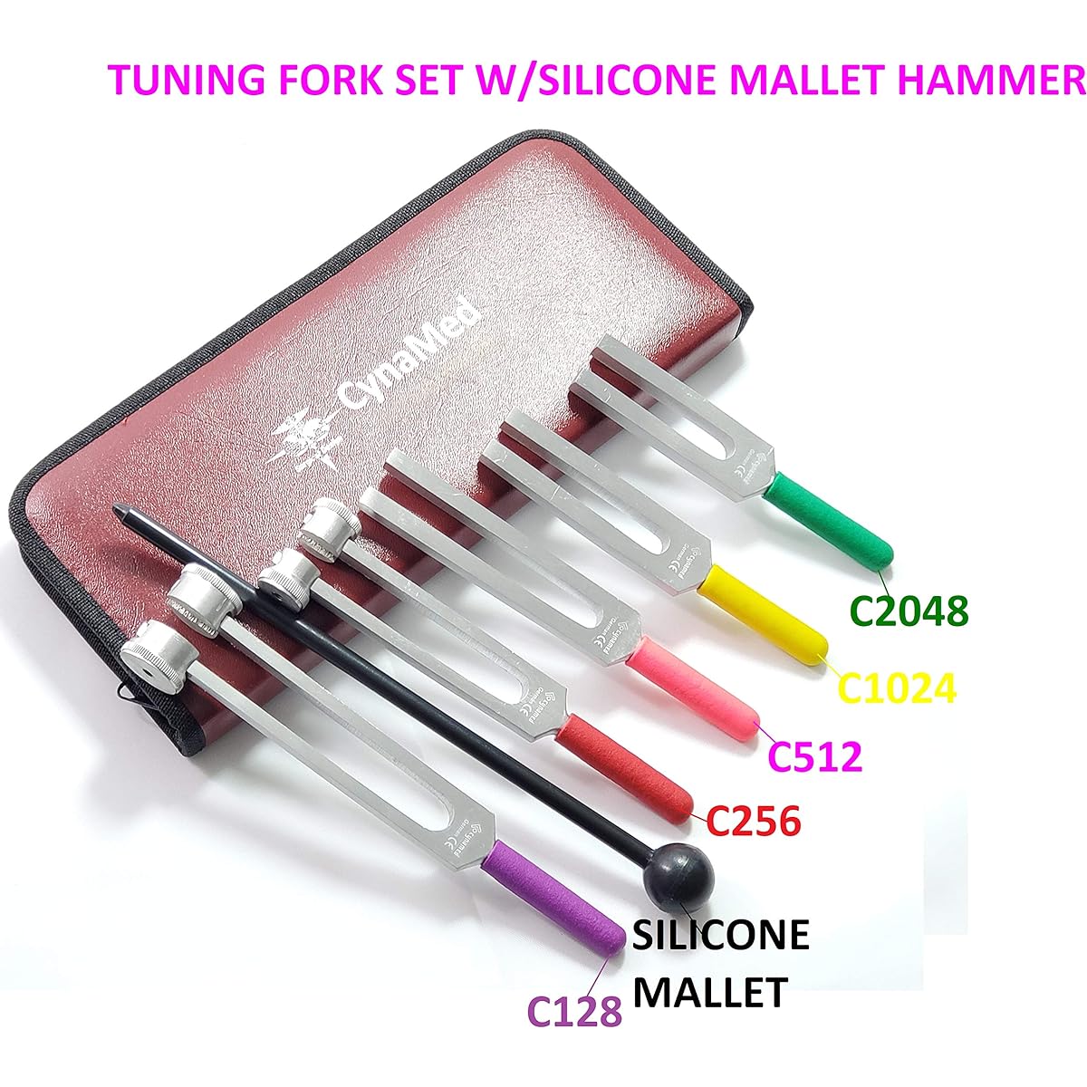 CYNAMED Tuning Fork Set - Tuning Fork Weight Aluminum Clinical Grade Neuro/Sensory Silicone Hammer Non-Slip Better Grip Color Coded Handle