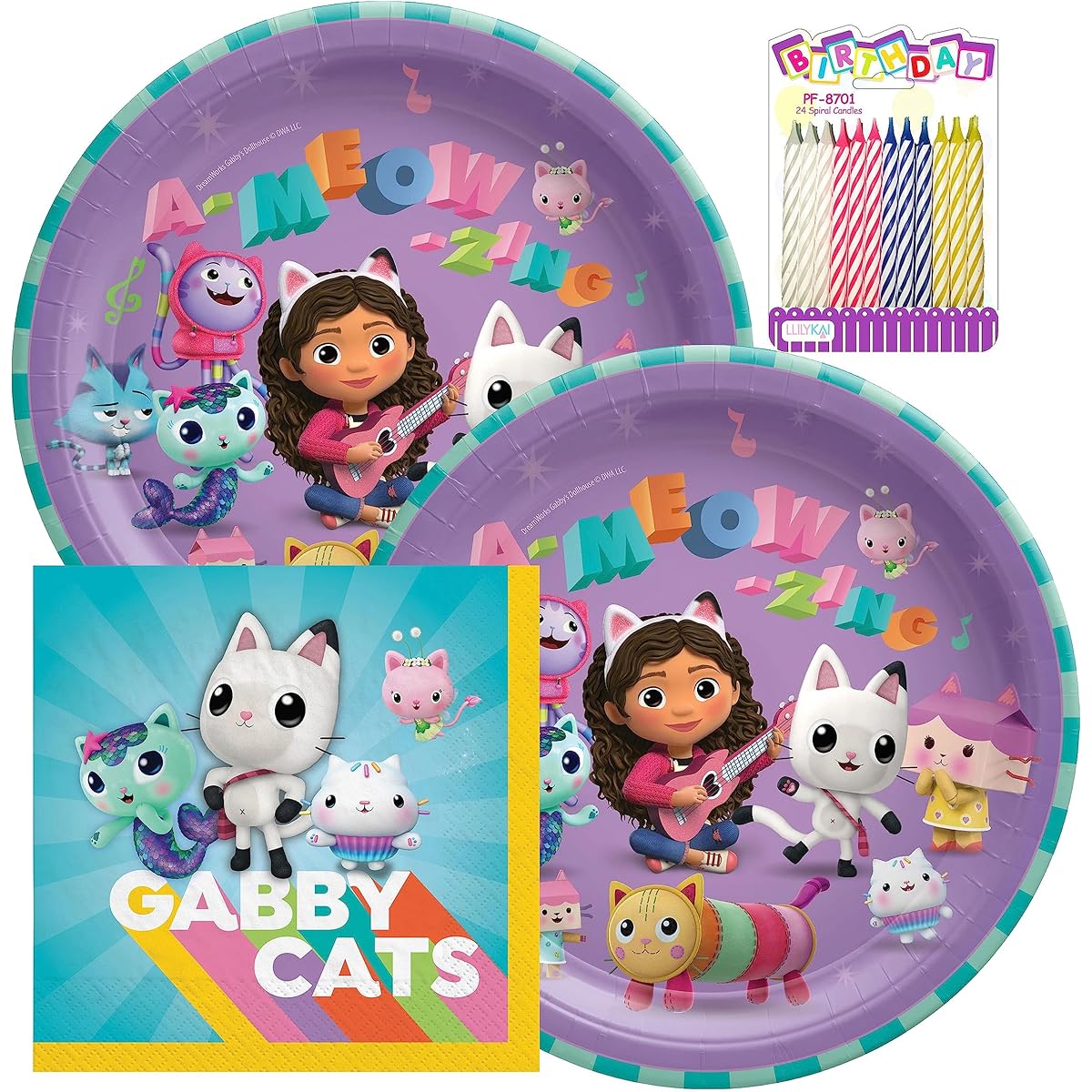 Gabby's Dollhouse 9" Plates and Luncheon Napkins - Serves 16 - Durable Leak Proof Cut Proof for Toddlers/Girls/Kids - Gabby Dollhouse Party Decorations