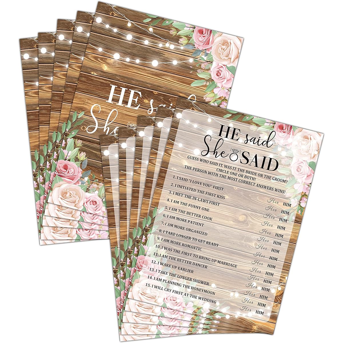 Bridal Shower Game Set - He Said She Said Party Card for Wedding - Rustic Wooden Floral Wedding Party Favors Decorations - Engagement/Bachelorette Party Game Supplies & Activities - 30 Game Cards (A01)