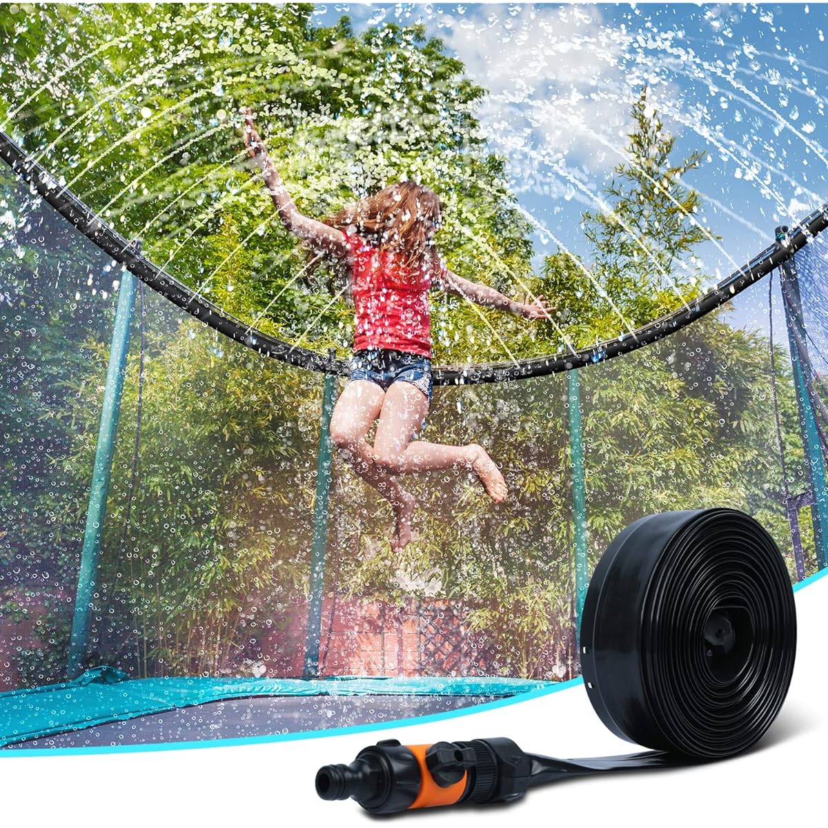 Trampoline Sprinkler for Kids - Outdoor Trampoline Water Sprinkler for Kids and Adults Trampoline Accessories Sprinkler 32 Feet Long Water Play Games Summer Play Backyard Fun