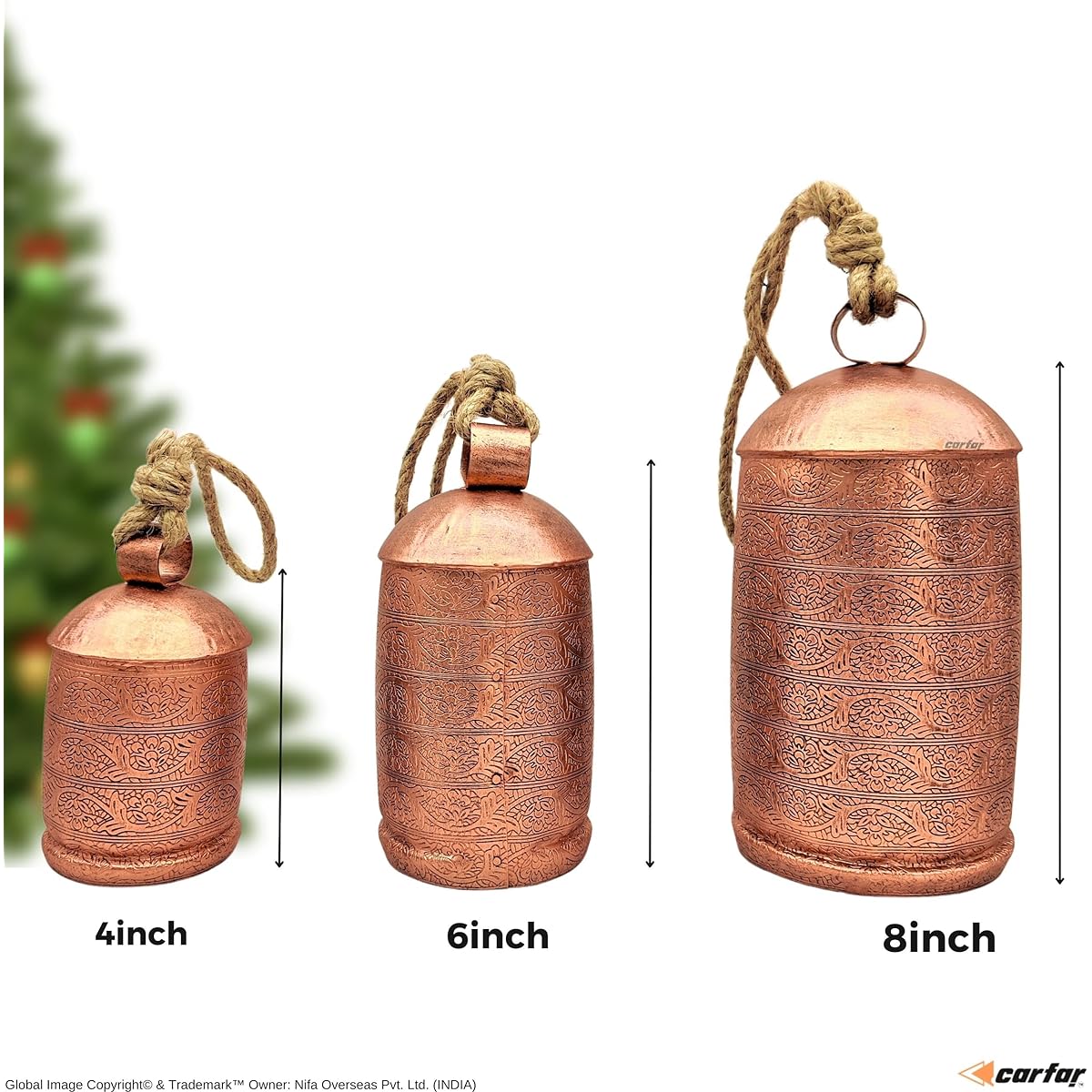 Carfar Rustic Copper Style Large Bell Set of 3 Handmade Metal Harmony Christmas Hanging Cowbell Complete Set with Jute Rope