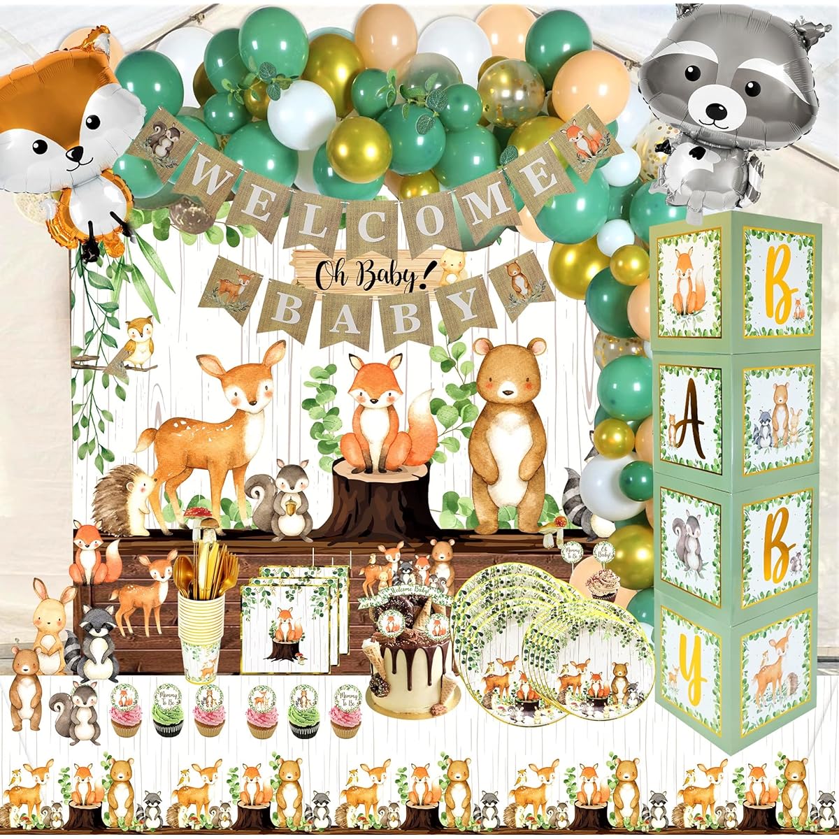 MEGA 257 Pc Woodland Baby Shower Decorations for Boy Or Girl Kit | Gender Neutral Forest Animal Decor | BABY boxes | Banners Garland Balloons Cake Topper Tablecloth, Creature Plates Napkins Straws & Cups Ivy