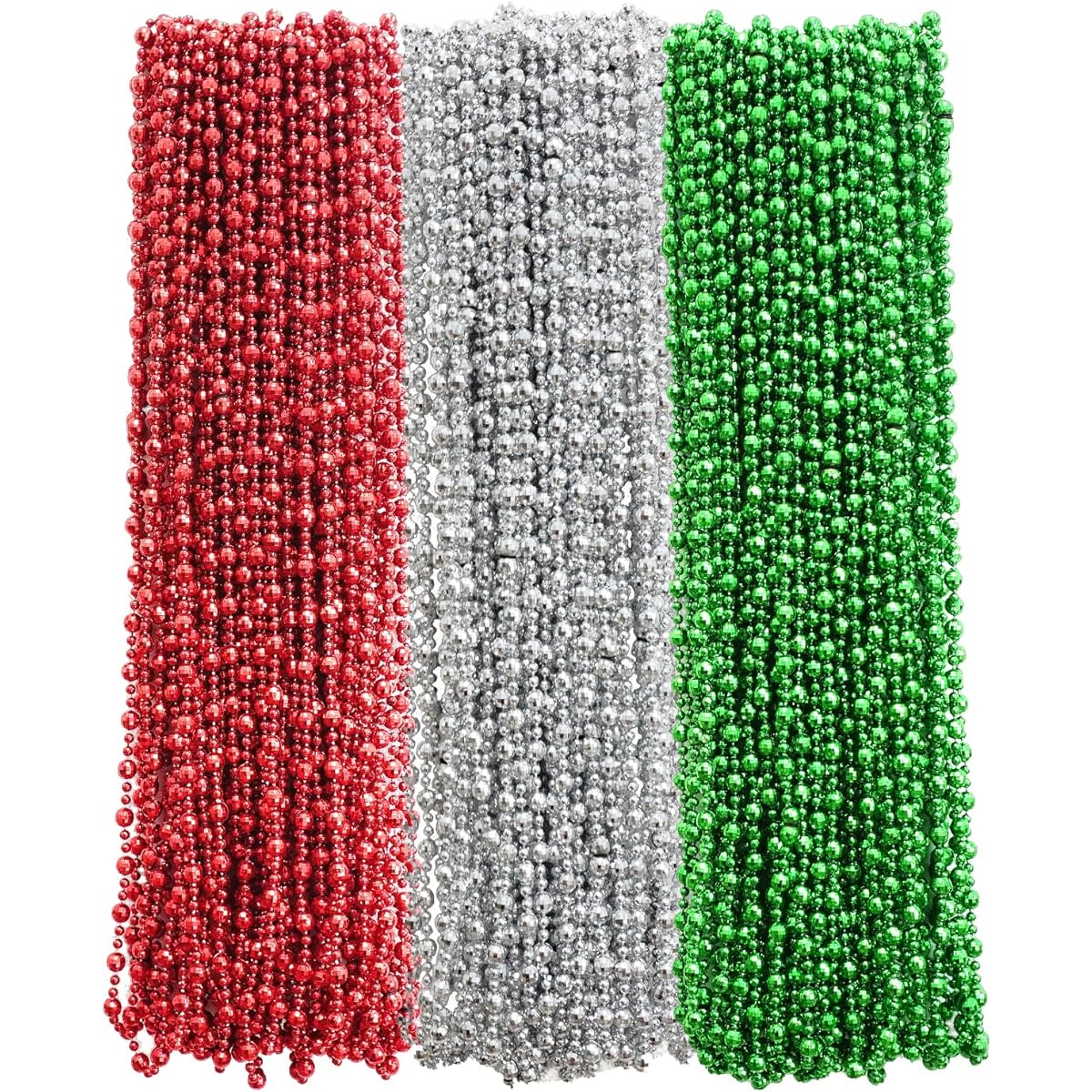 100pcs Christmas Bead Necklaces Bulk (7mm 33"), Green, Silver, Red Metallic Costume Bead Necklaces for Christmas Party Decorations, Boys Girls Christmas Gifts