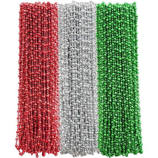 100pcs Christmas Bead Necklaces Bulk (7mm 33"), Green, Silver, Red Metallic Costume Bead Necklaces for Christmas Party Decorations, Boys Girls Christmas Gifts