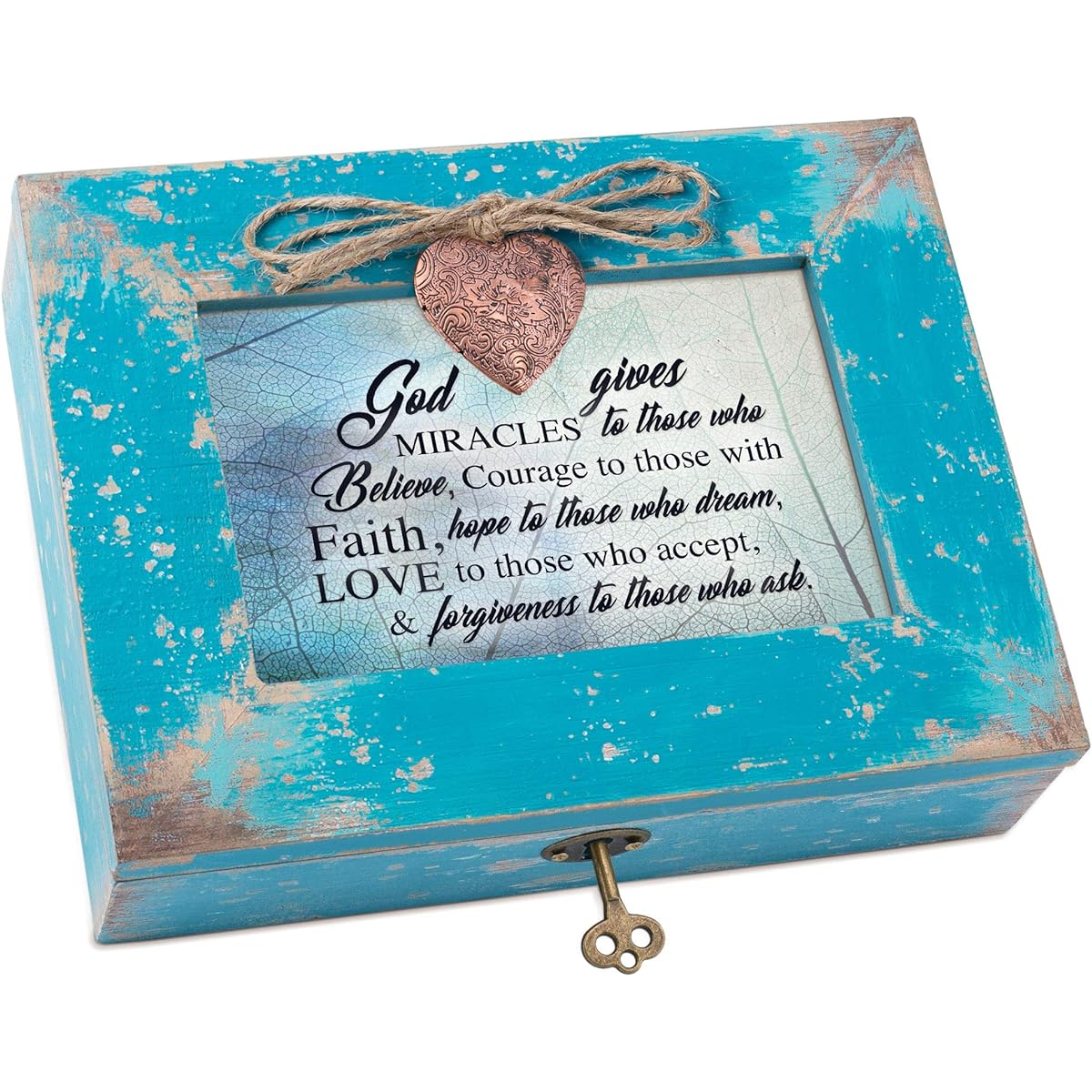Cottage Garden Miracles Believe Faith Love Teal Antique Wooden Rocket Music Box Amazing Grace