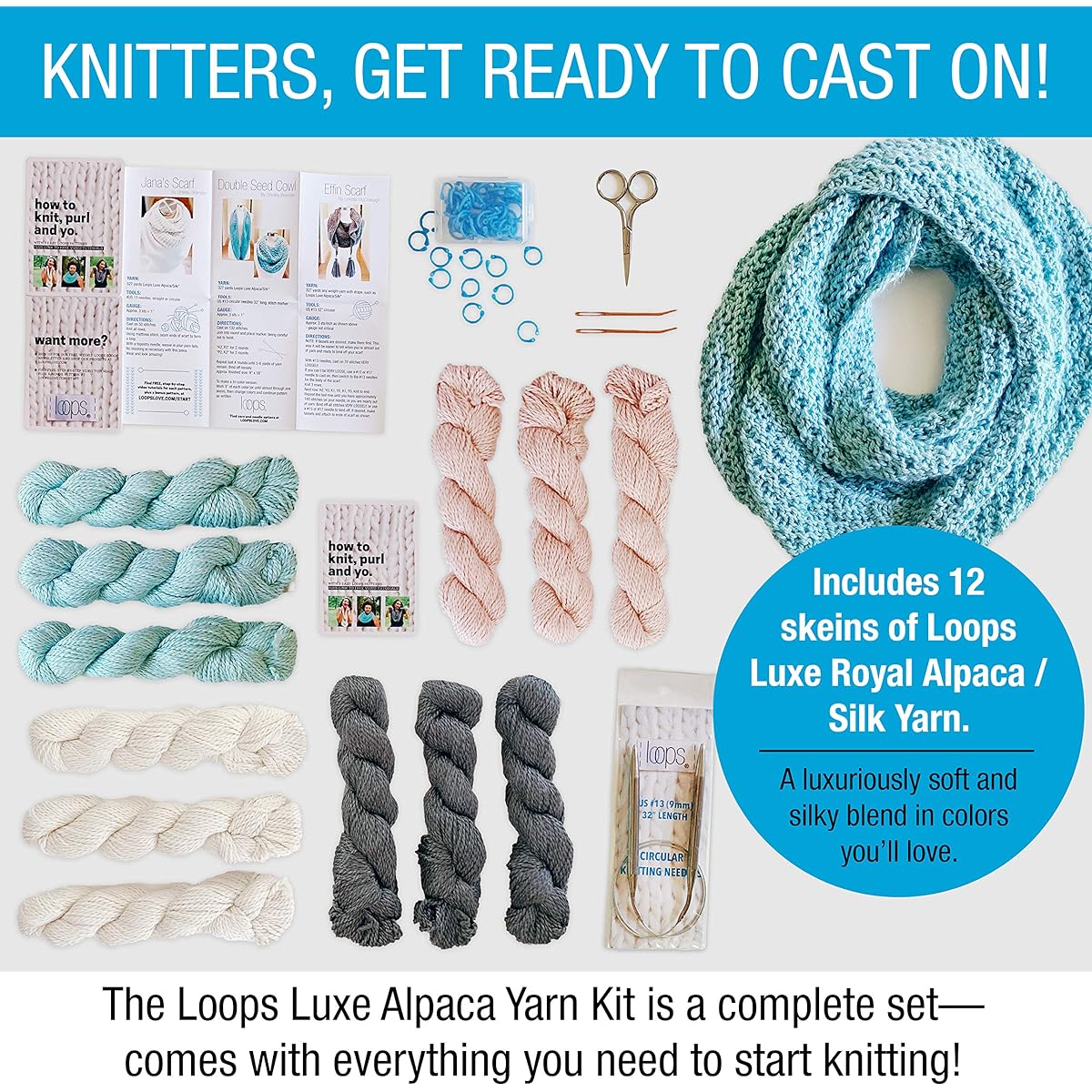 Knitting Super Starter Kit for Beginners Everything you need to make your first 4 projects | Patterns with video tutorials | Looped Luxury Chunky Royal Alpaca Yarn | Knitting Learning Kit