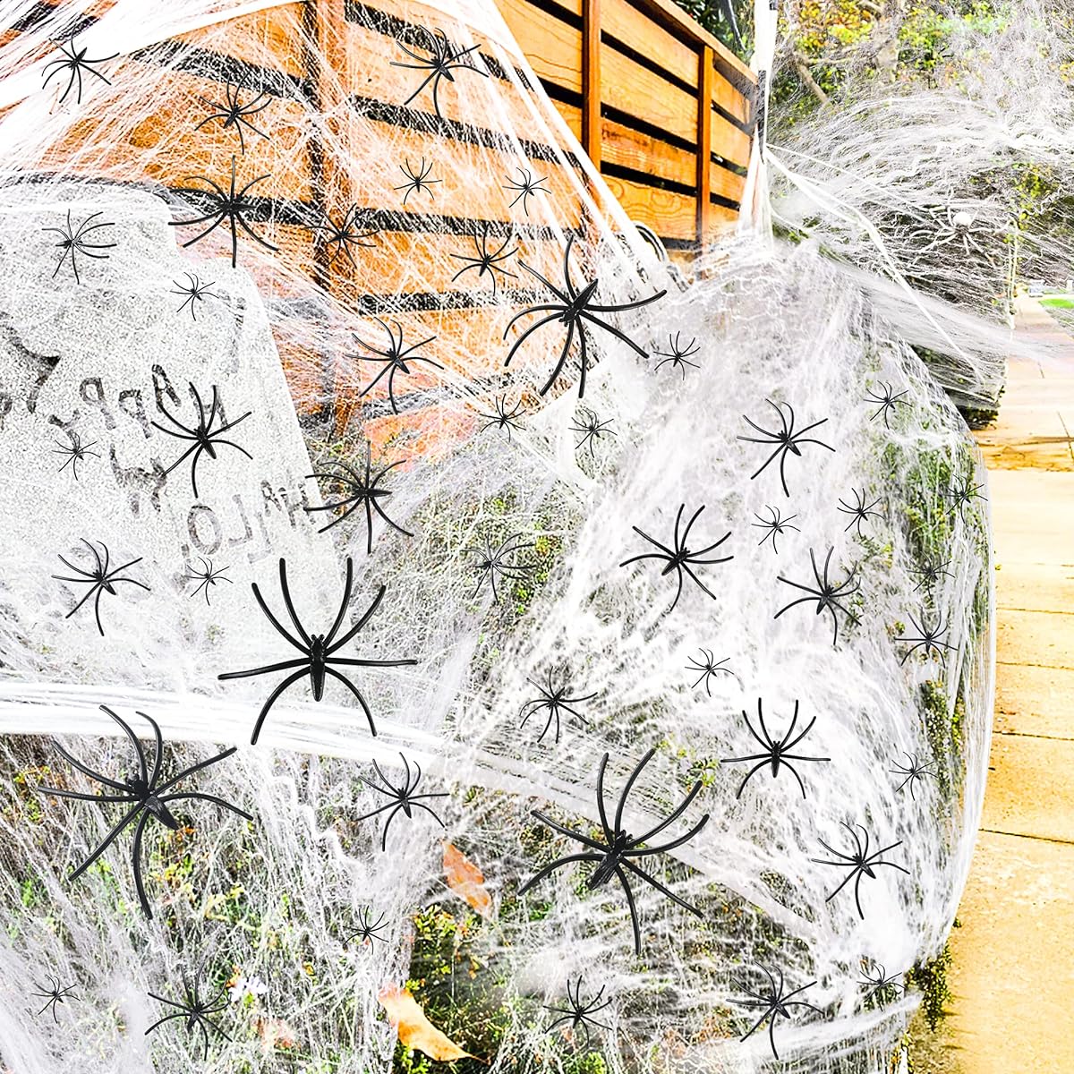 Halloween Spider Web Faux Stretch Spider Web Halloween Decorations Outdoor 1000 Square Feet Stretch Spider Web with 60 Fake Black Spiders Halloween Party Supplies