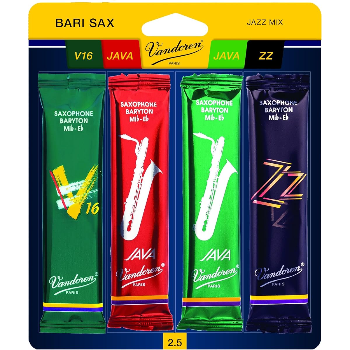 Vandoren SRMIX B 25 Bari Saxophone Jazz Lead Mix Card includes each of ZZ, V 16, JAVA, and JAVA Red Strength 2.5.