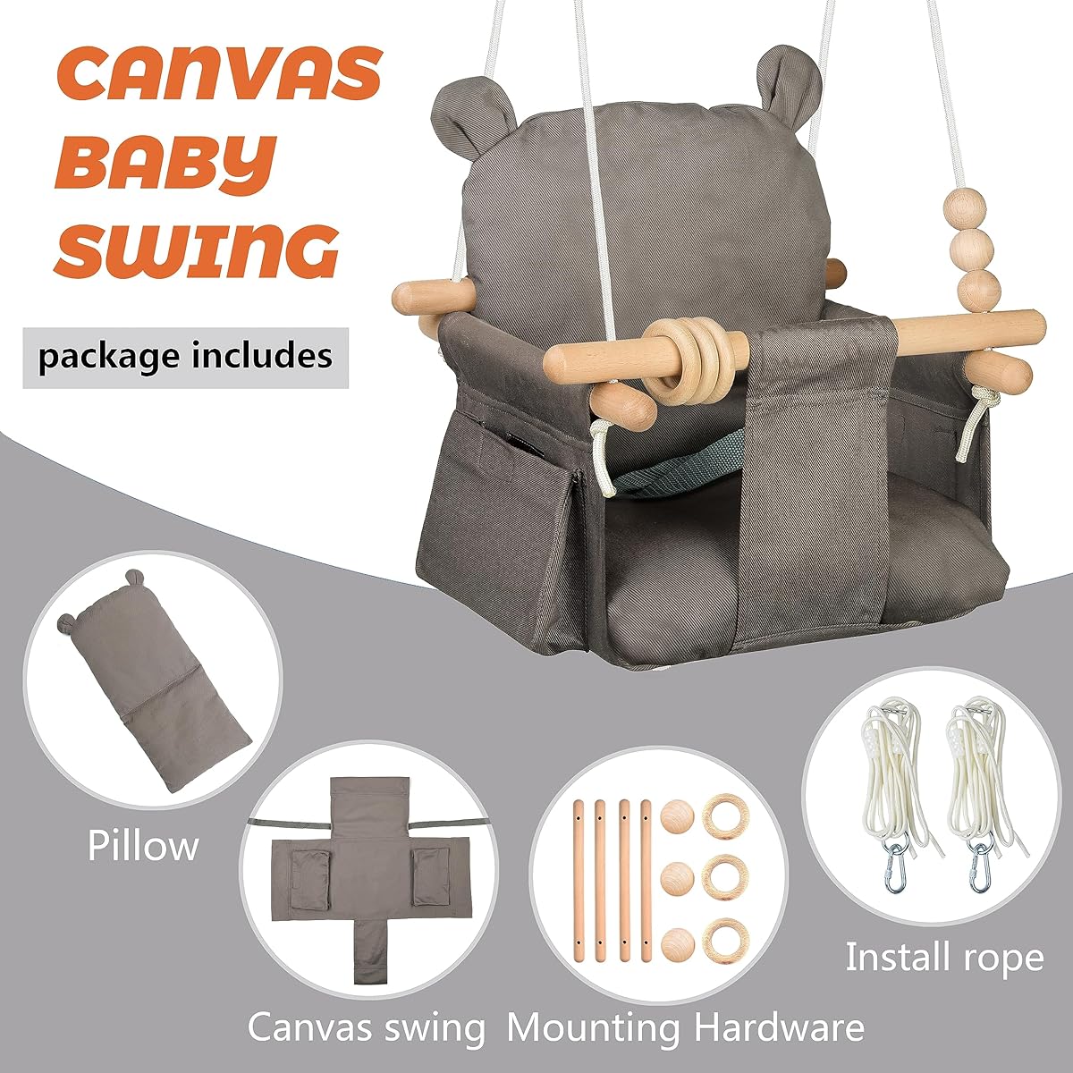 Baby Hanging Swing Seat Toy Chair Canvas Toddler Swing Seat with 2 Side Pockets Indoor Playground Sports & Outdoor Play Toys
