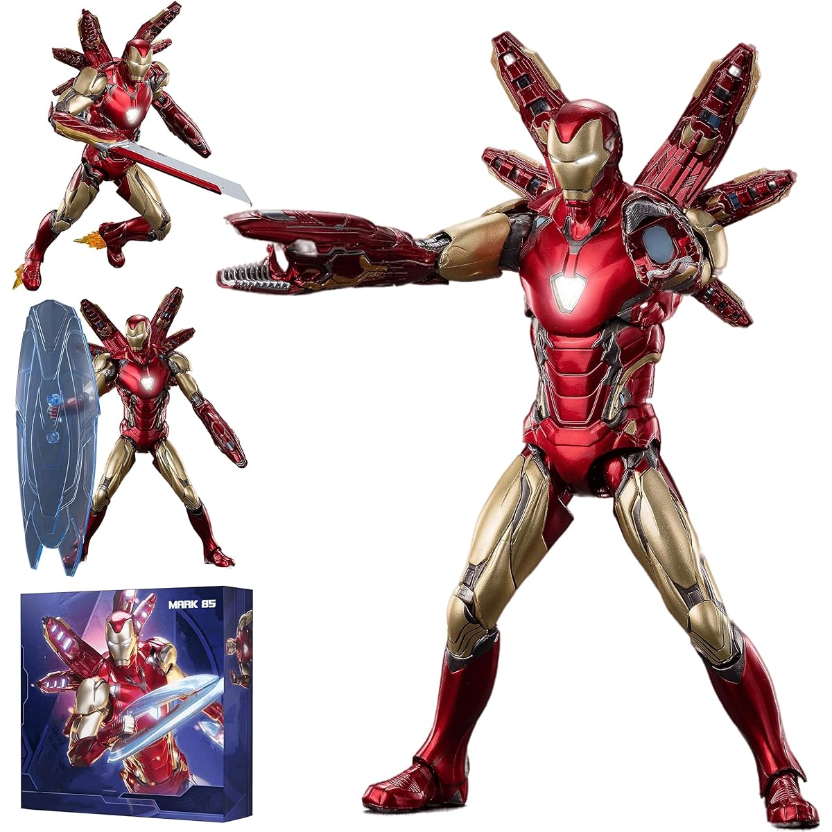 LonullyMege Iron Man MK85 (Deluxe Version) Action Figure - 7" Chest and Eyes Metal Painting Collectible Model - 20 Joints Movable Multi-Weapon Accessories Toy (1/10 Scale)