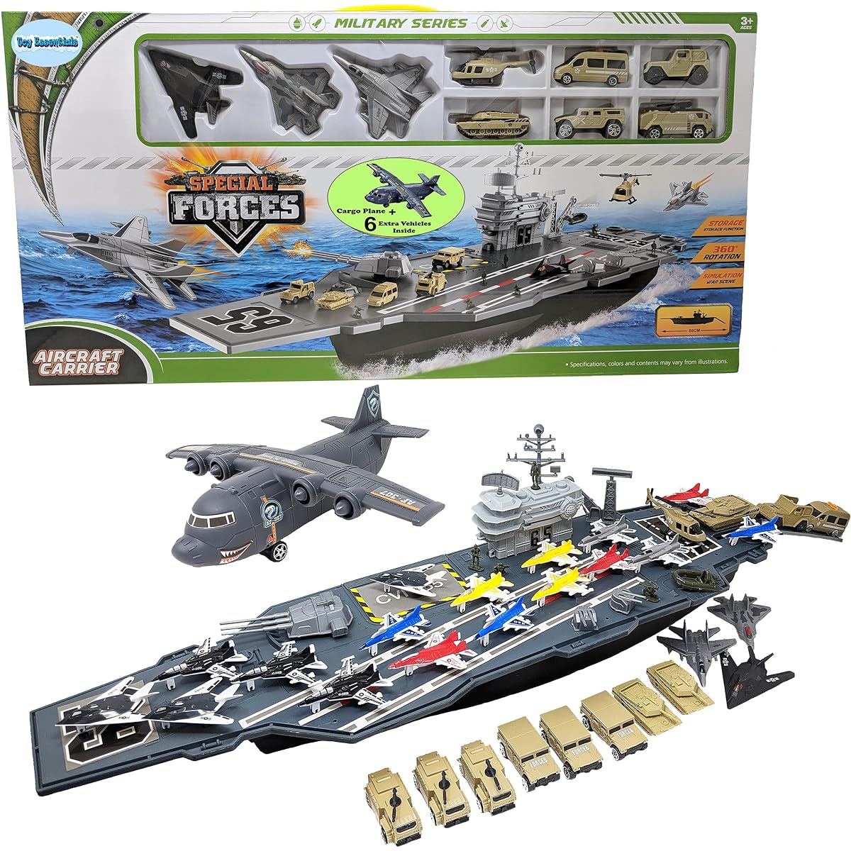 Toy Aircraft Carrier Army Men's Fighter Plane with Cargo Plane 18 Fighter Jets 6 Reserve Military Vehicles