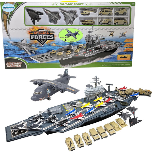 Toy Aircraft Carrier Army Men's Fighter Plane with Cargo Plane 18 Fighter Jets 6 Reserve Military Vehicles
